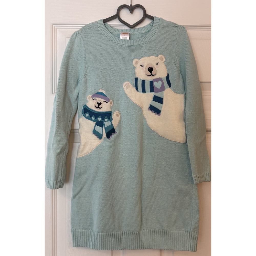 Gymboree Sweater Dress Girls 7‎ Aqua Blue Polar Bears Fuzzy Embroidered Cotton